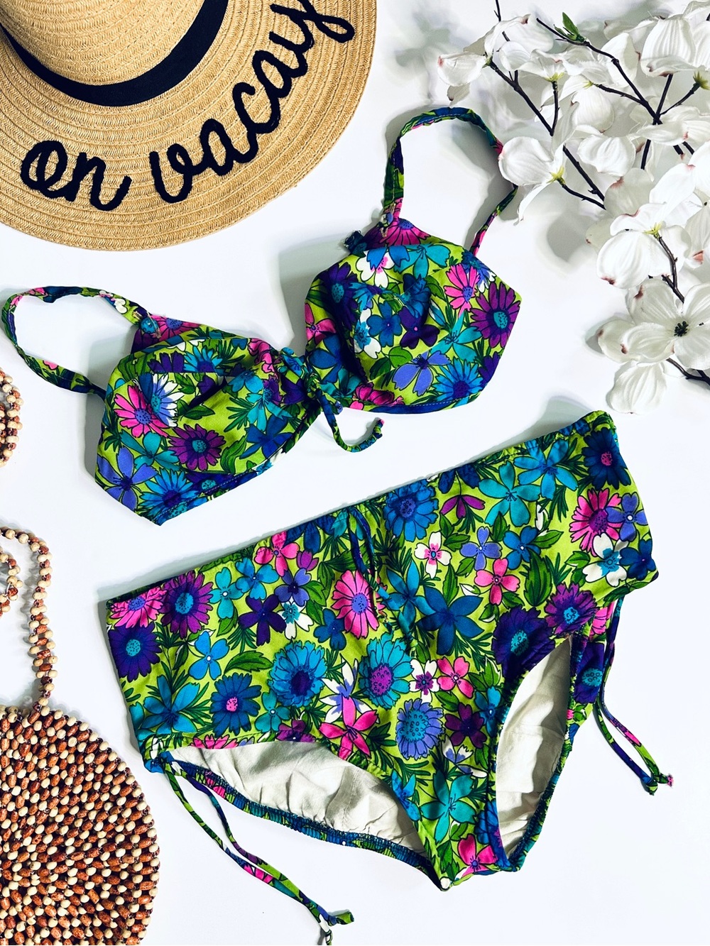 Vintage 1960s Symbra Ette Psychedelic Floral Pinup Bikini Set Rare Hippie